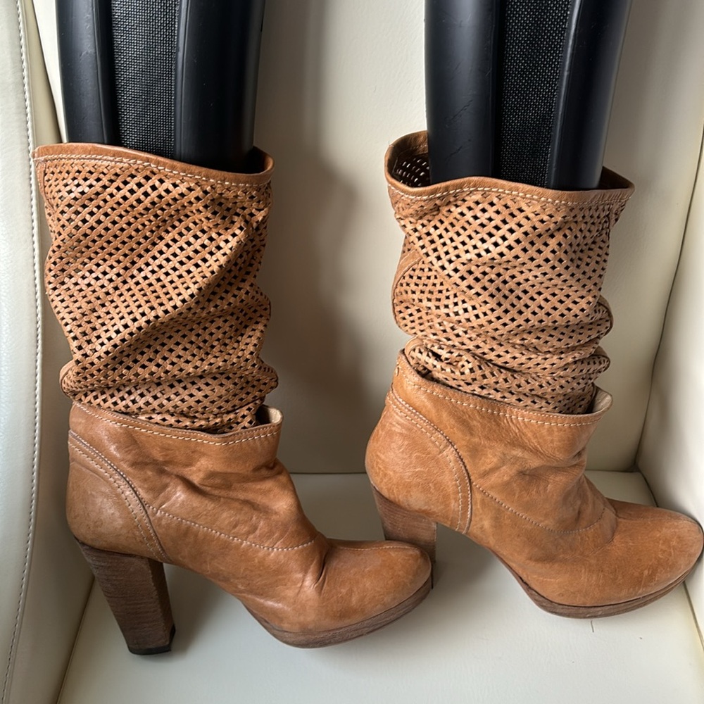Distressed Italian Leather Tan Slouchy Boots